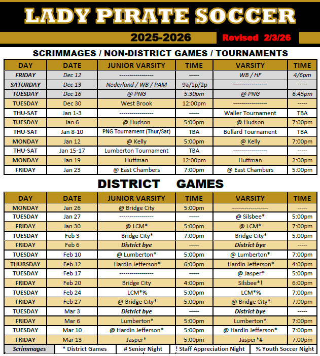 2025-26 Lady Pirate Soccer Schedule updated 02.03.26