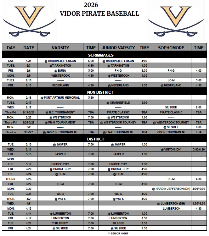 2026 VHS Baseball Schedule