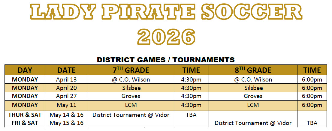 Vidor Jr. High Girls 2026 Soccer Schedule