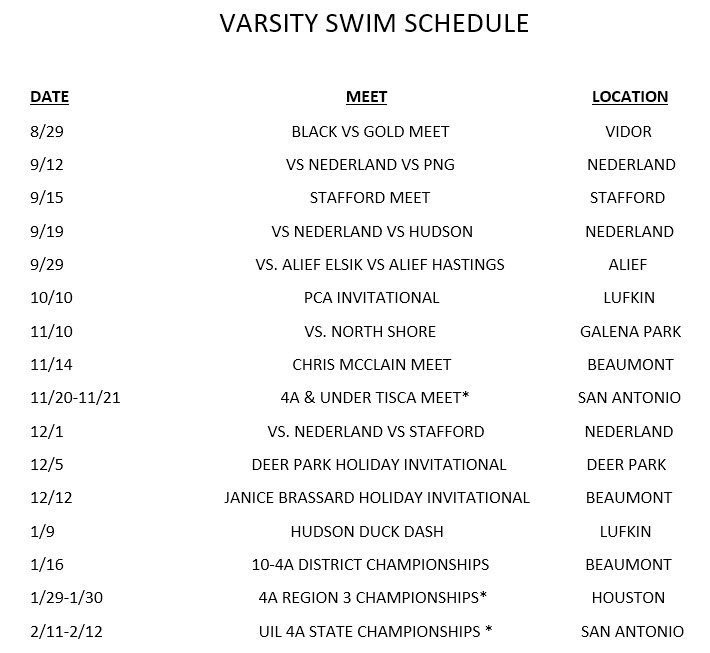 2026 Varsity Swim Team Schedule