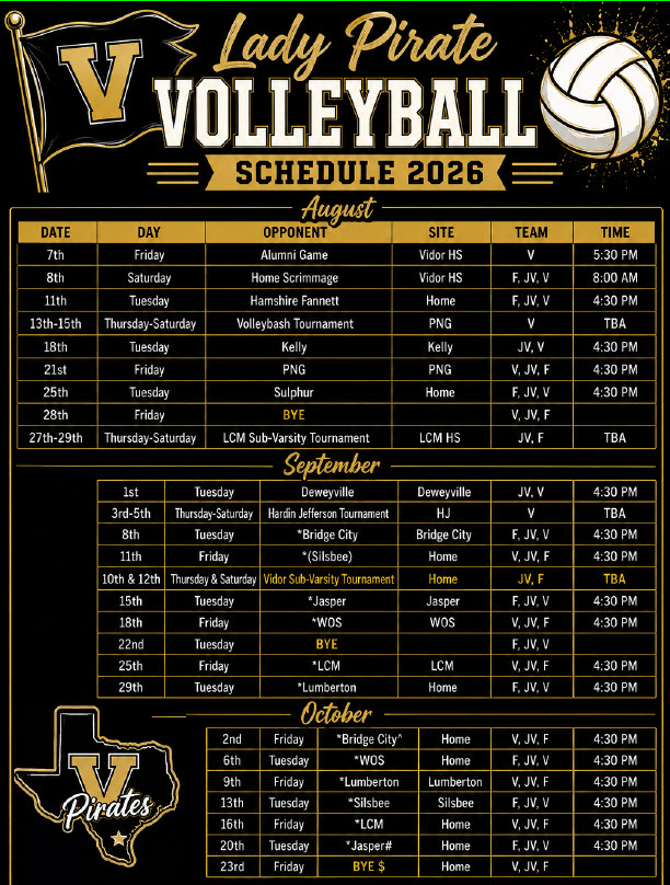 Vidor High School 2026 Lady Pirate Volleyball Schedule
