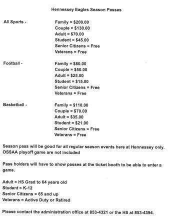 Hennessey Eagles Season Passes Prices, for all sports, football, and basketball, with a description of when they are good for