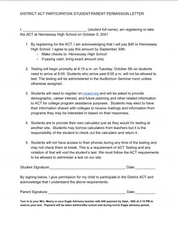 Image of District ACT Participation Student/Parent Permission Letter