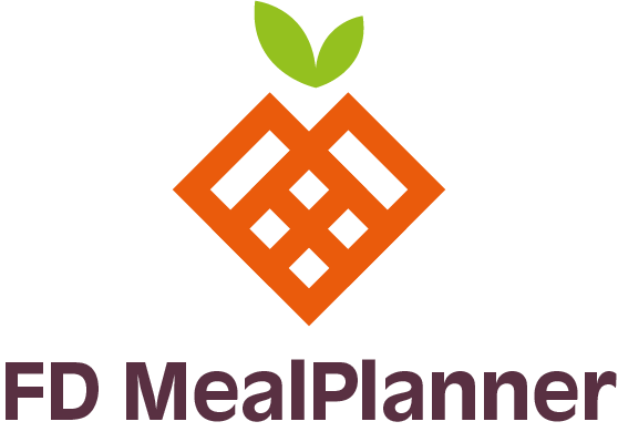 Logo for FD Meal Planner featuring an orange fruit or vegetable shape with green leaves and dark purple text below.