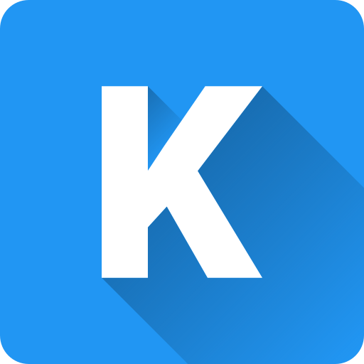 A white letter 'K' on a blue square background with a long shadow.