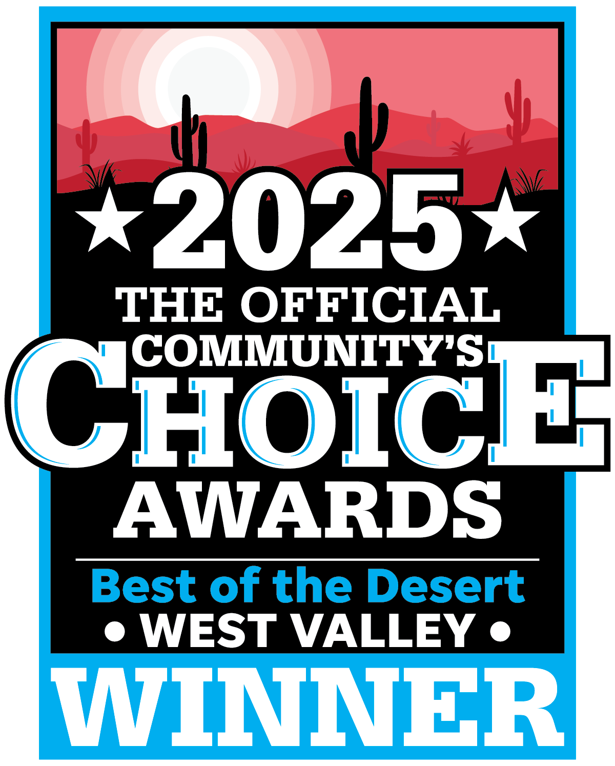 Award badge that has the words 2025 The Official Community's Choice Awards Best of the Desert West Valley Winner