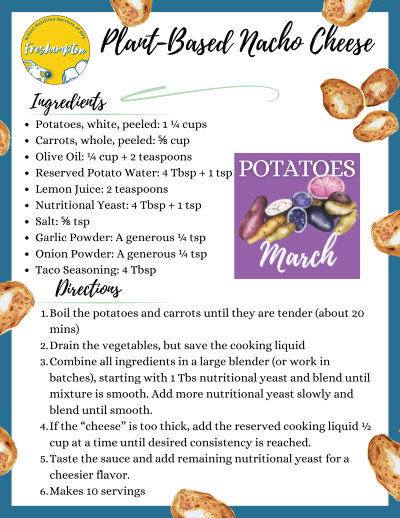 A recipe for plant-based nacho cheese with ingredients and instructions.