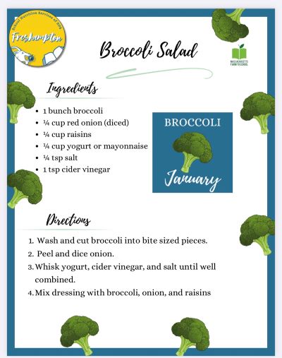 A recipe for Broccoli Salad is displayed on a colorful, illustrated page.