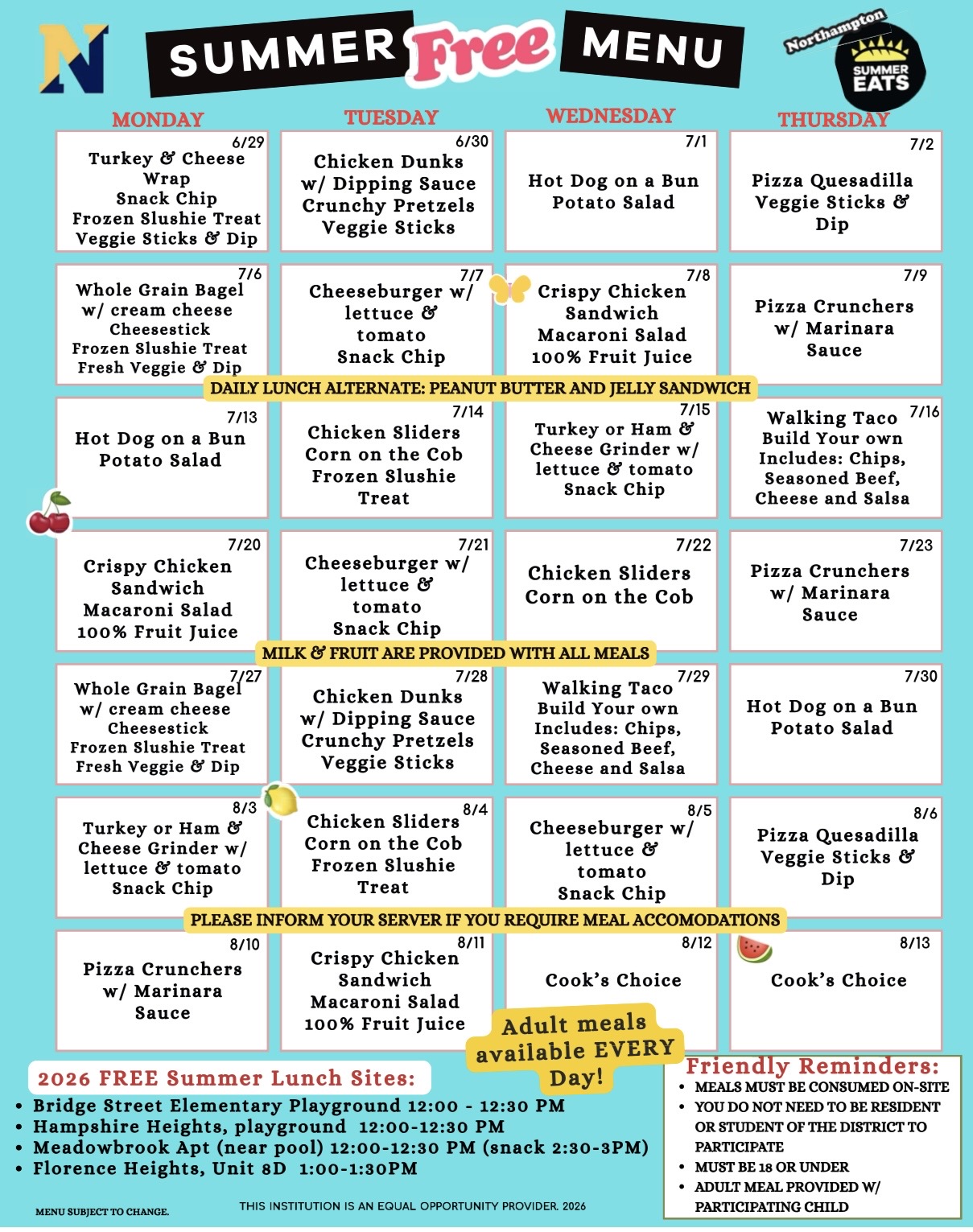 A colorful flyer displays a 'Summer Free Menu' with a weekly meal schedule.