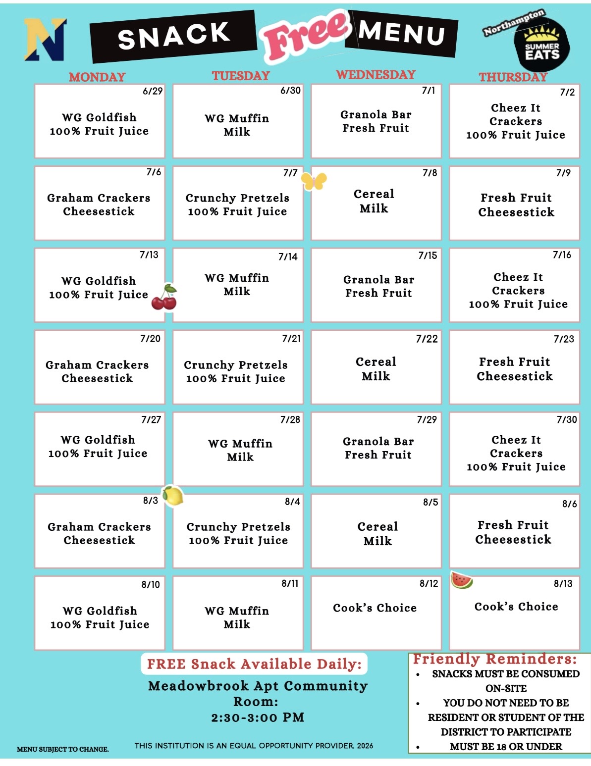 A colorful menu board displays daily snack options for Monday through Friday, with categories like 'Goldfish Crackers', 'Graham Crackers', and 'Fresh Fruit'.