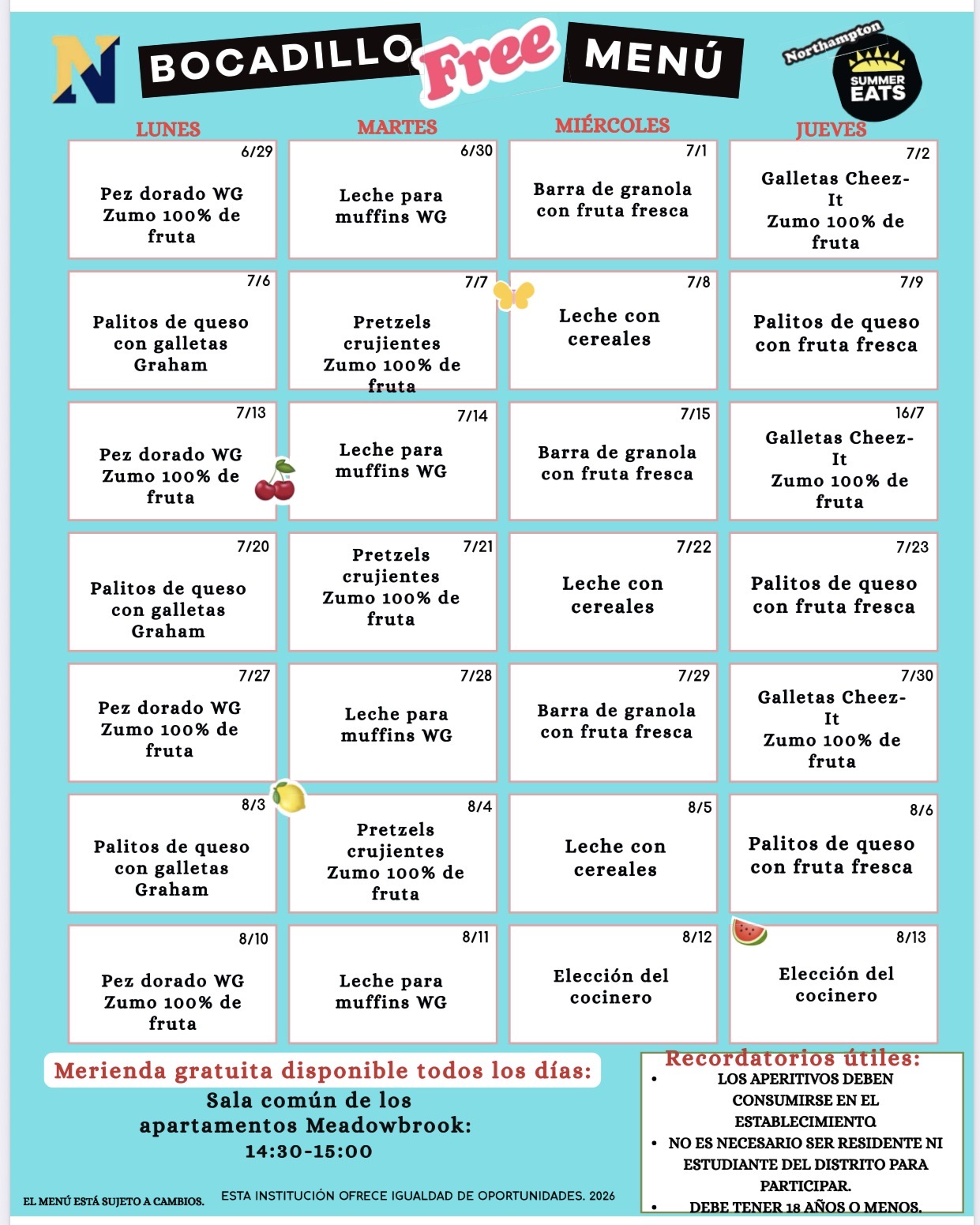 A menu titled 'BOCADILLO Free MENU' displays daily food options in a grid format.