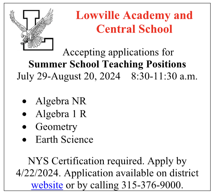 Notice for Summer School Teaching Positions at Lowville Academy
