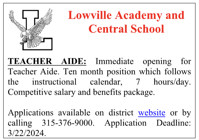 Notice of Teacher Aide position available at Lowville Academy