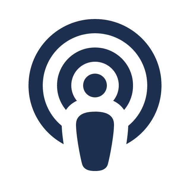 A dark blue podcast icon with concentric circles radiating from a central figure.
