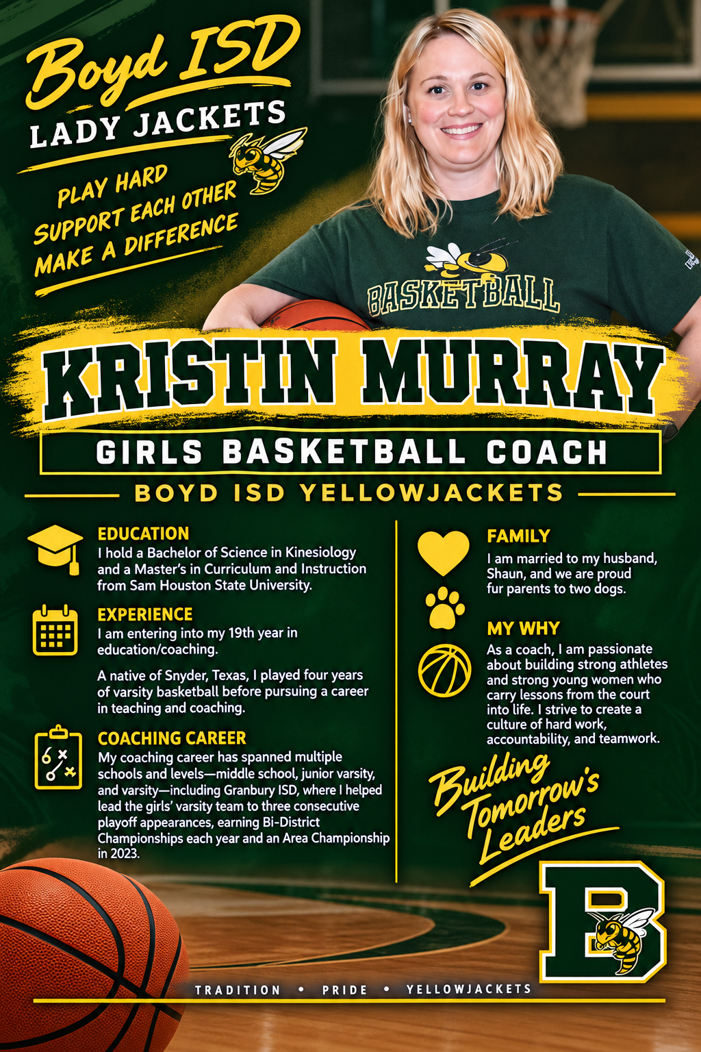 A promotional graphic for Boyd ISD Girls Basketball Coach Kristin Murray, featuring her photo and professional background.