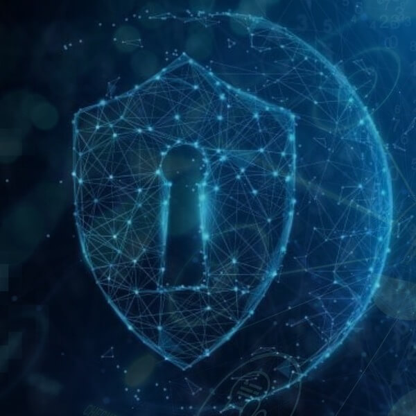 A glowing blue shield with a keyhole, formed by interconnected digital lines, symbolizes cybersecurity.