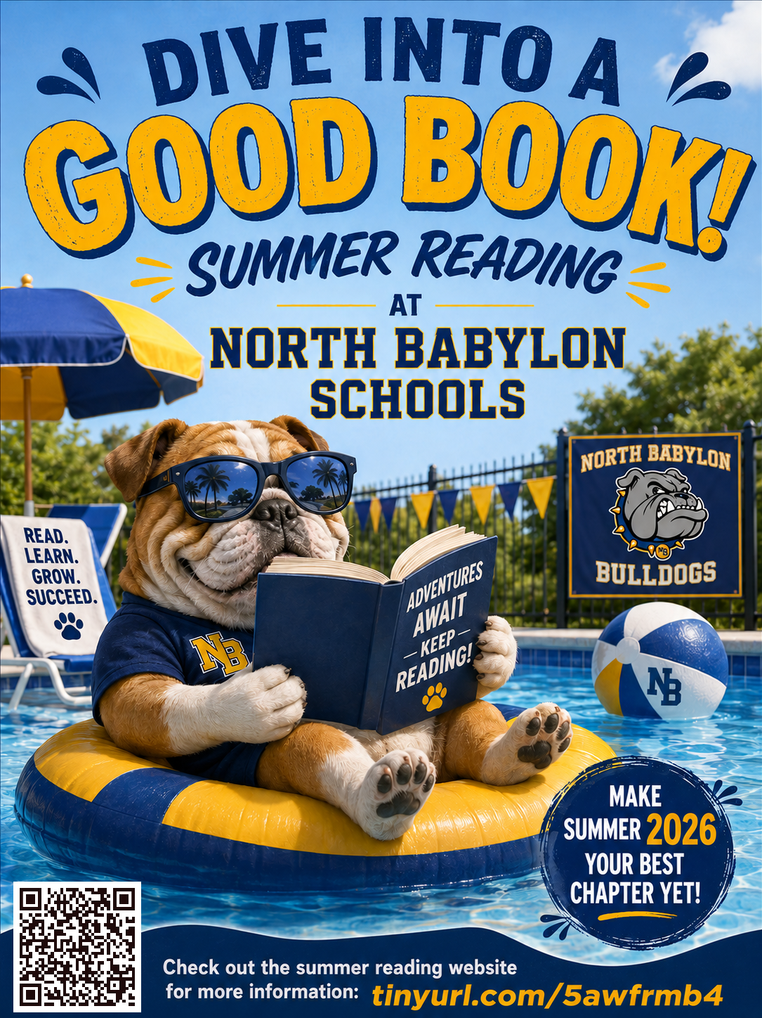 A bulldog wearing sunglasses relaxes on an inflatable ring in a pool, reading a book titled 'Adventure Awaits: Keep Reading'.