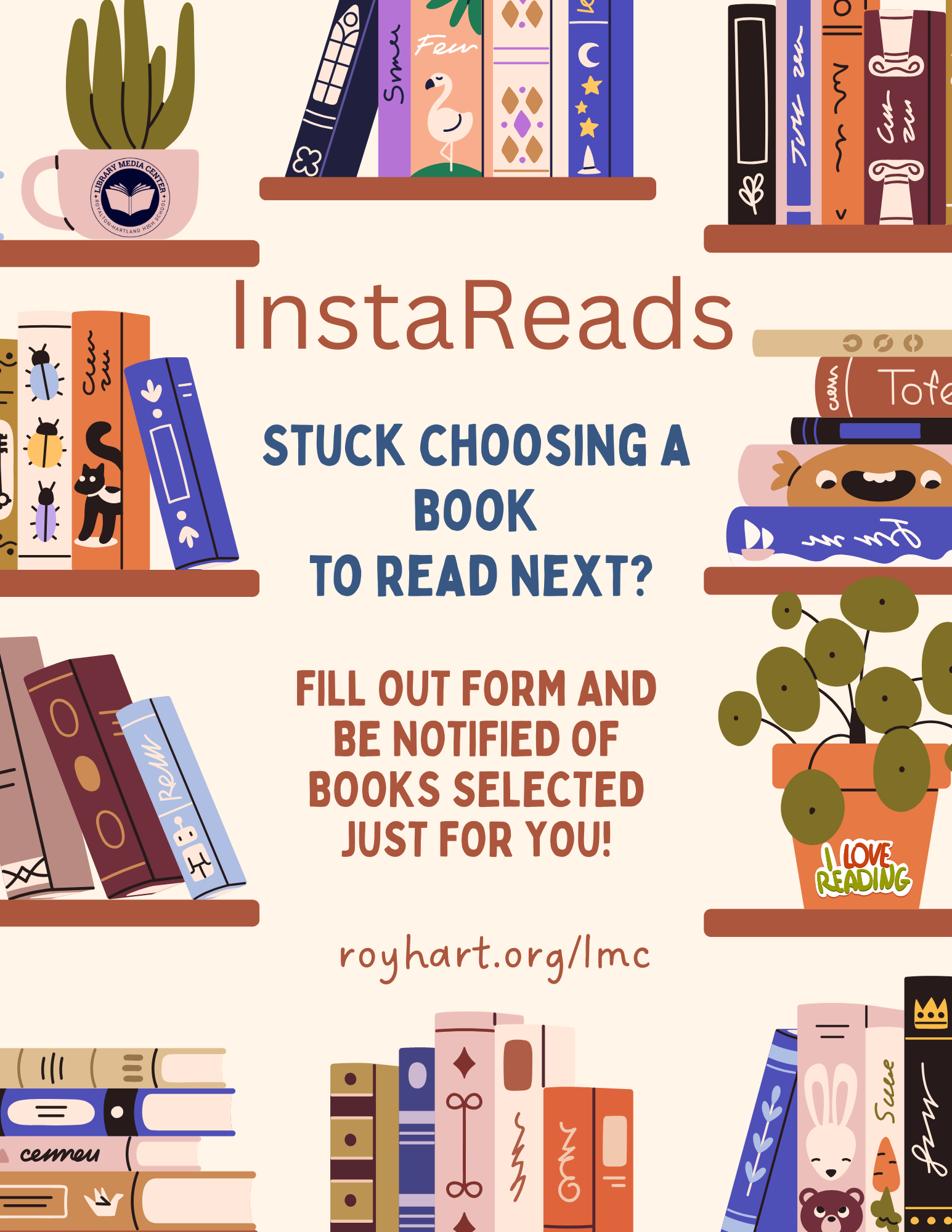 An illustrated advertisement for InstaReads, featuring bookshelves and text.