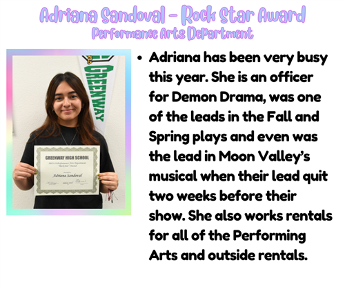 Adriana Sandoval Rock Star Award Performance Art Department