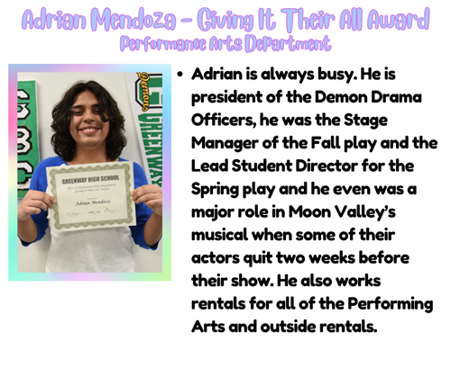 Adrian Mendoza Giving It Their All Award Performance Art Department