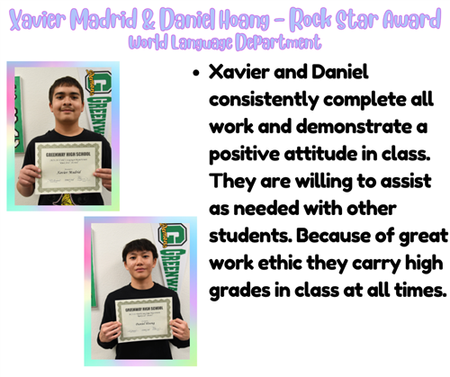 zavier Madrid & Daniel Hoang Rock Star Award World Language Department