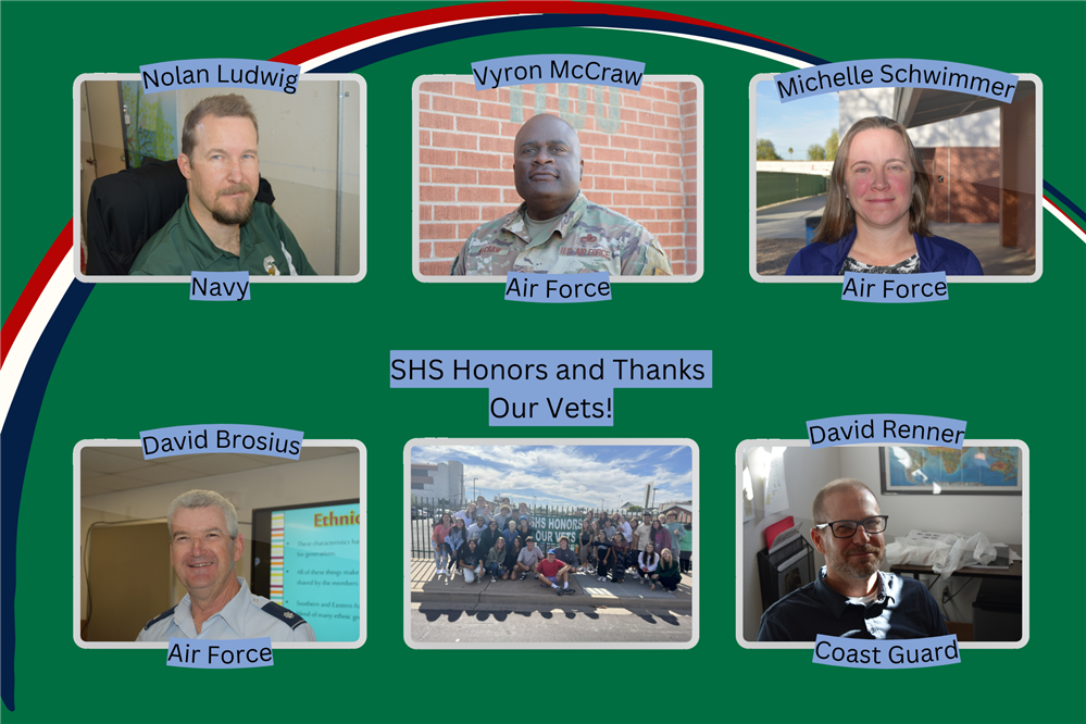 Tomorrow is Veterans Day!   We will not be at school tomorrow, so today we wanted to take a moment to honor and thank our staff members who have served our country.   Vyron McCraw, Michelle Schwimmer, and David Brosius all served in the Air Force. Nolan Ludwig served in the Navy, and David Renner was in the Coast Guard.   Maintenance Staff Member Michael Williams also served in the Armed Services, and we thank and honor him as well!   #SunnyslopeProud