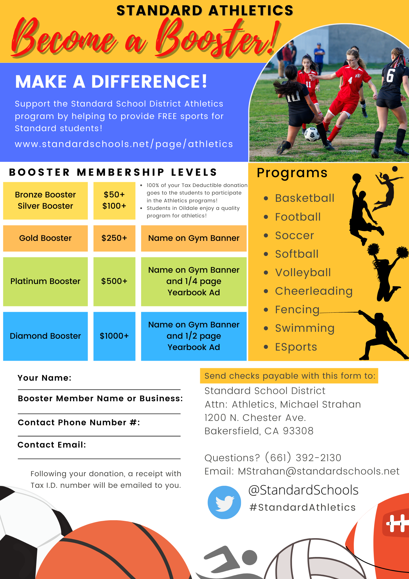 Athletic program flyer showcasing school sports teams, schedules, and registration details.