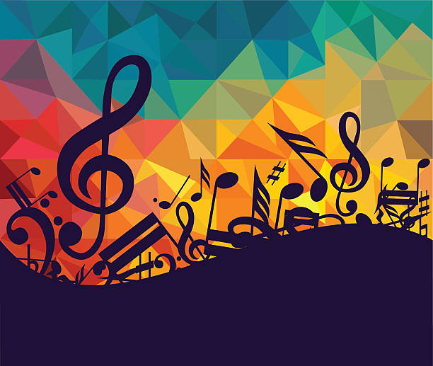 Vector illustration of a vibrant background adorned with musical notes in various colors.