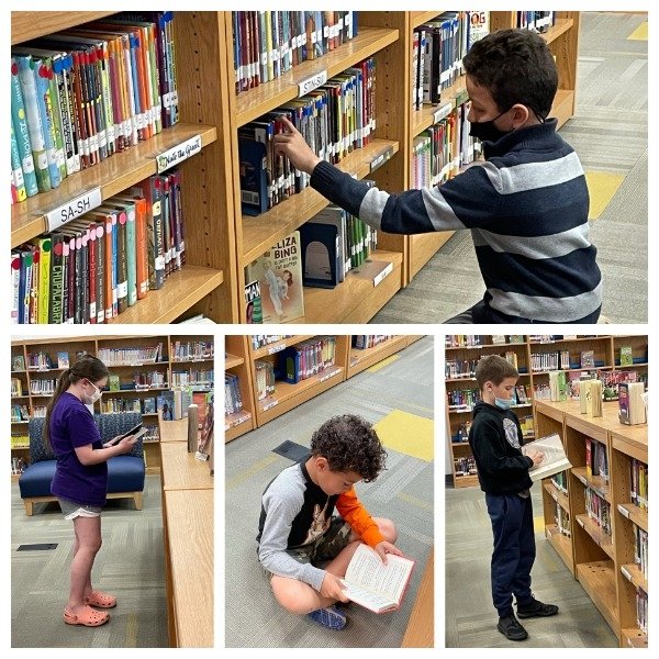 A collage of four images of children reading in a library.