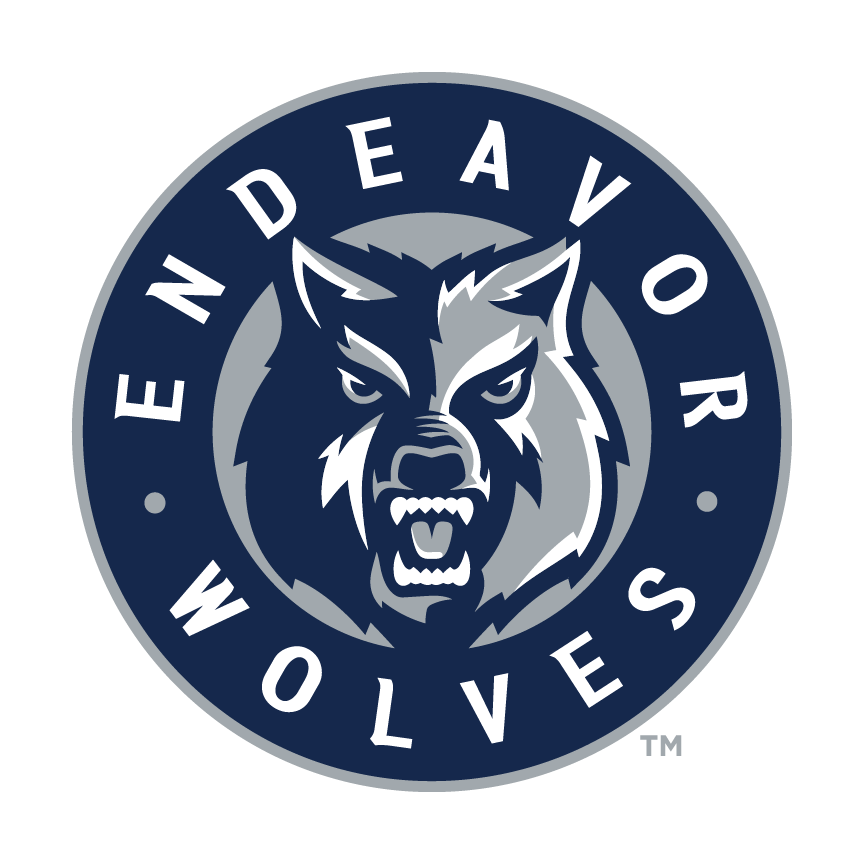 The Endeavor Wolves logo features a wolf head in a navy and gray color scheme.
