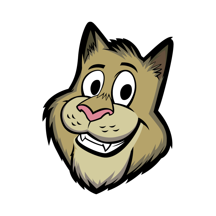 Cartoon illustration of a smiling cat's face with tan fur.