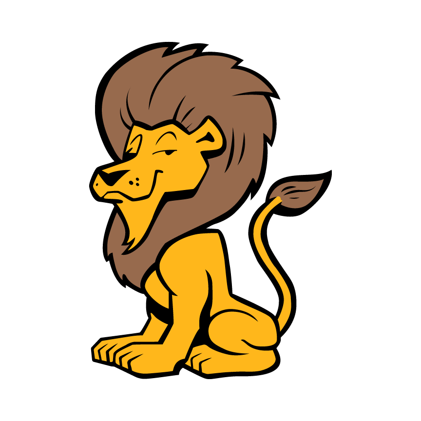 A cartoon lion with a brown mane and tail sits and smiles.