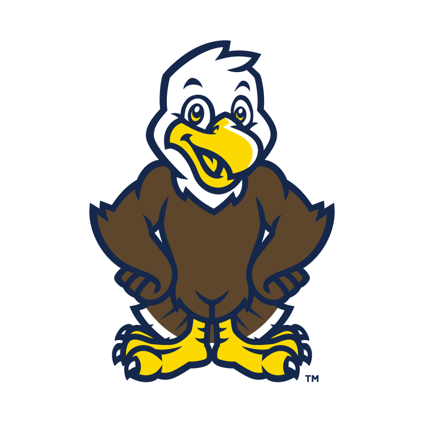 A cartoon eagle mascot with a friendly expression and arms akimbo.