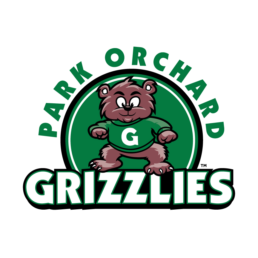 The Park Orchard Grizzlies logo features a bear wearing a green shirt.