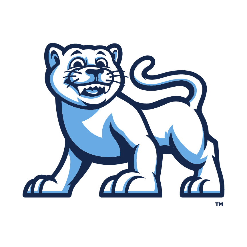 A cartoon cougar mascot in blue and white, smiling with its teeth showing.