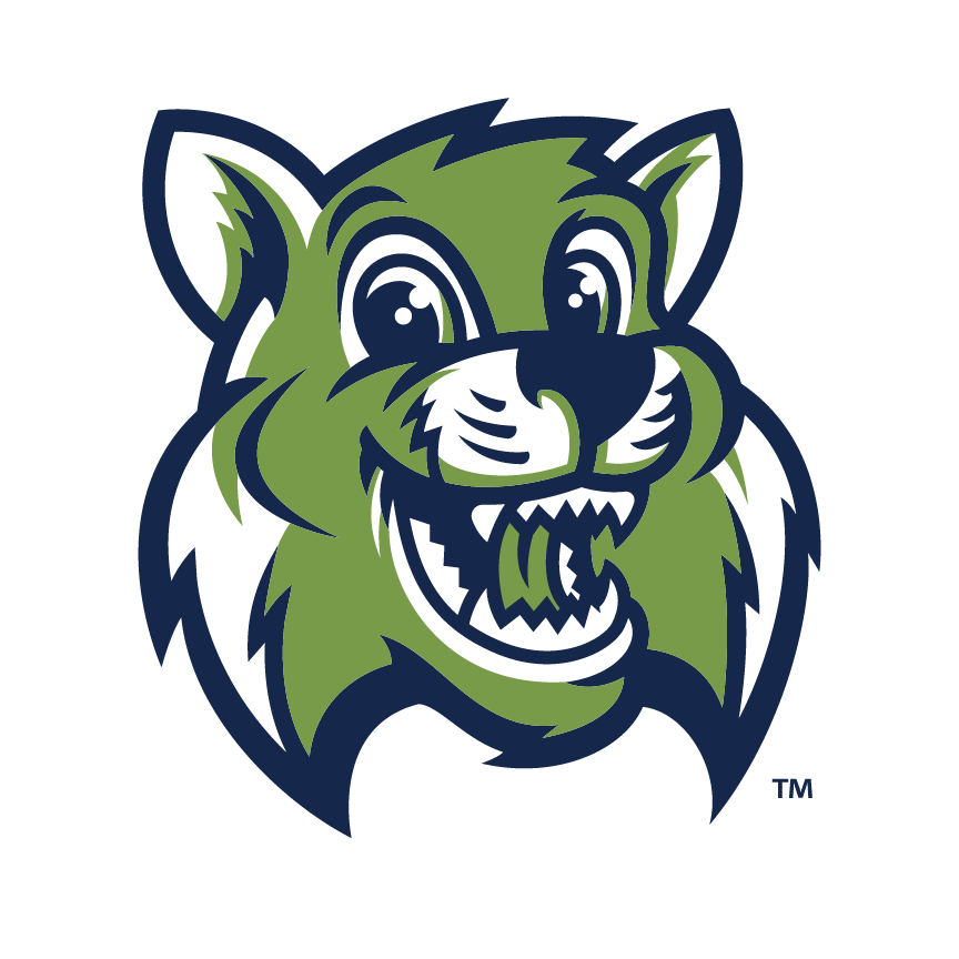 A smiling cartoon wildcat mascot with green and navy blue colors.