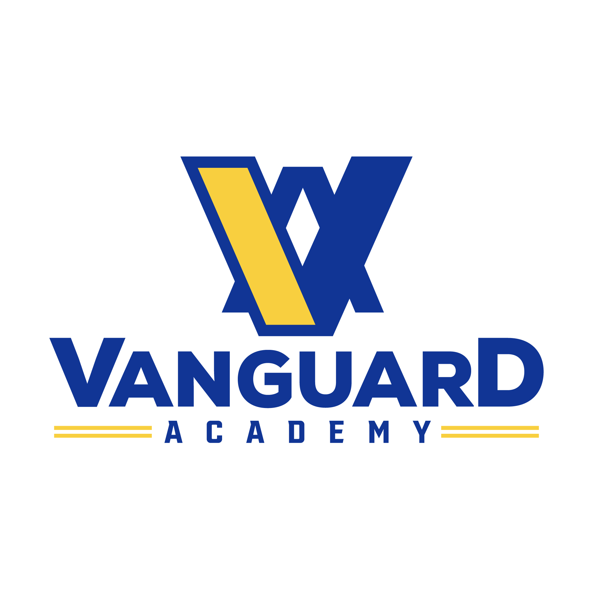 The Vanguard Academy logo features a stylized 'V' in blue and gold.
