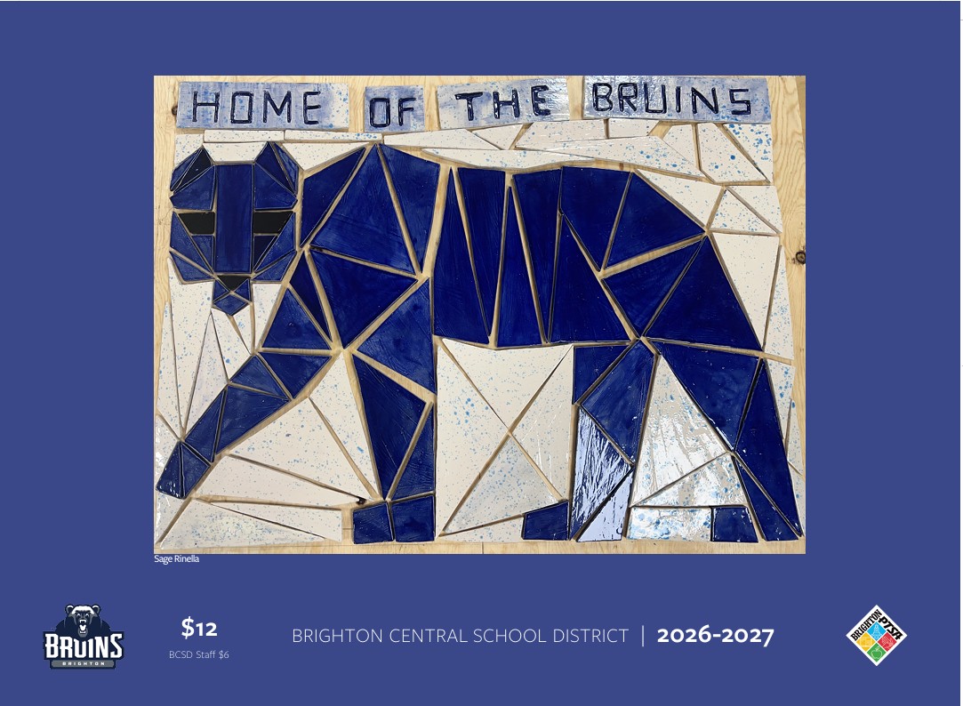 A mosaic of a blue bear with the text 'HOME OF THE BRUINS' above it.