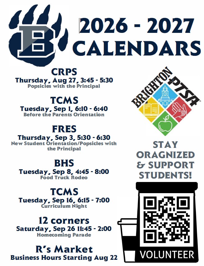 Brighton PTSA calendar for 2026-2027 with school event dates and times.