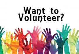 A graphic with multi-colored hands raised up with the text "Want to Volunteer?"
