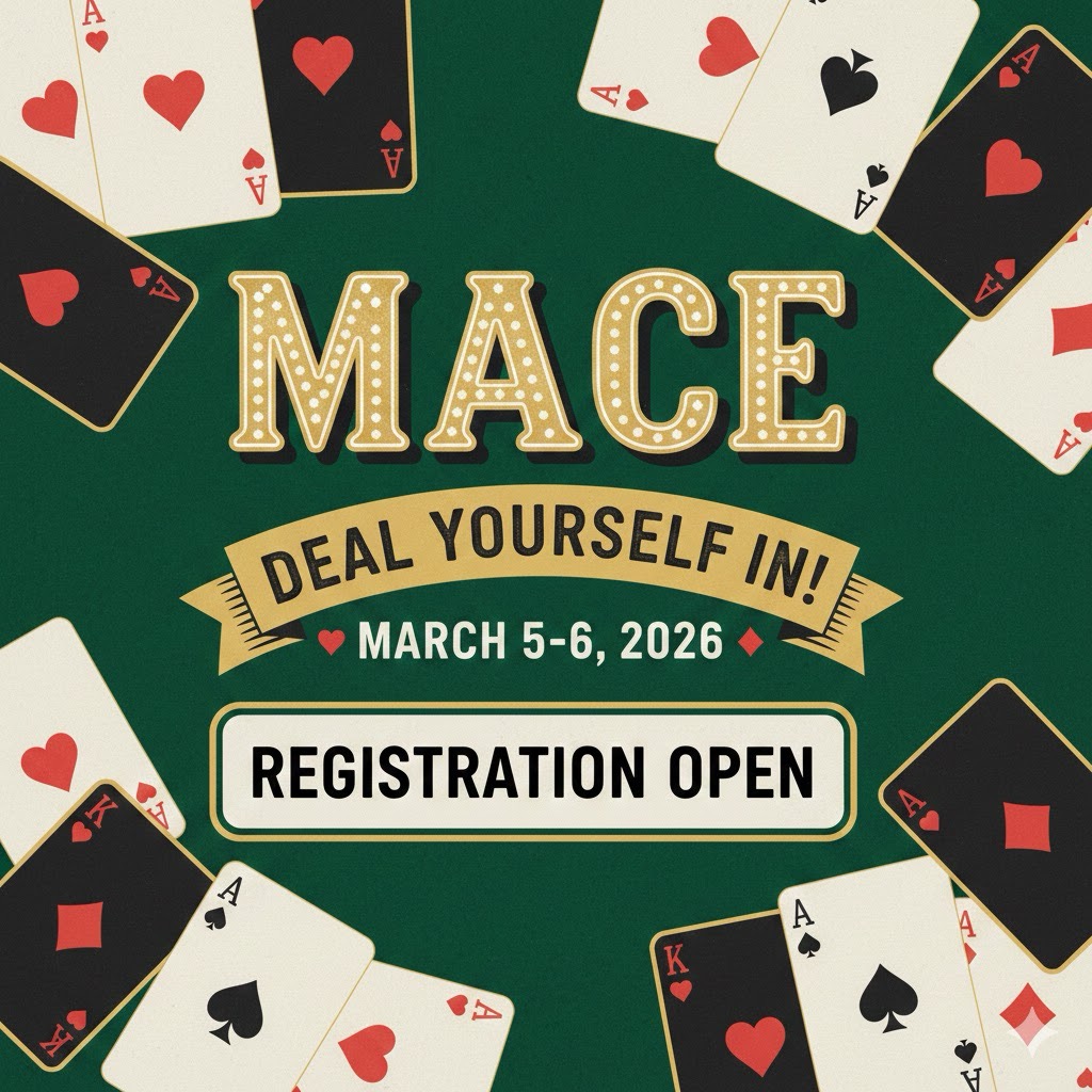A promotional graphic for MACE, featuring playing cards and text.