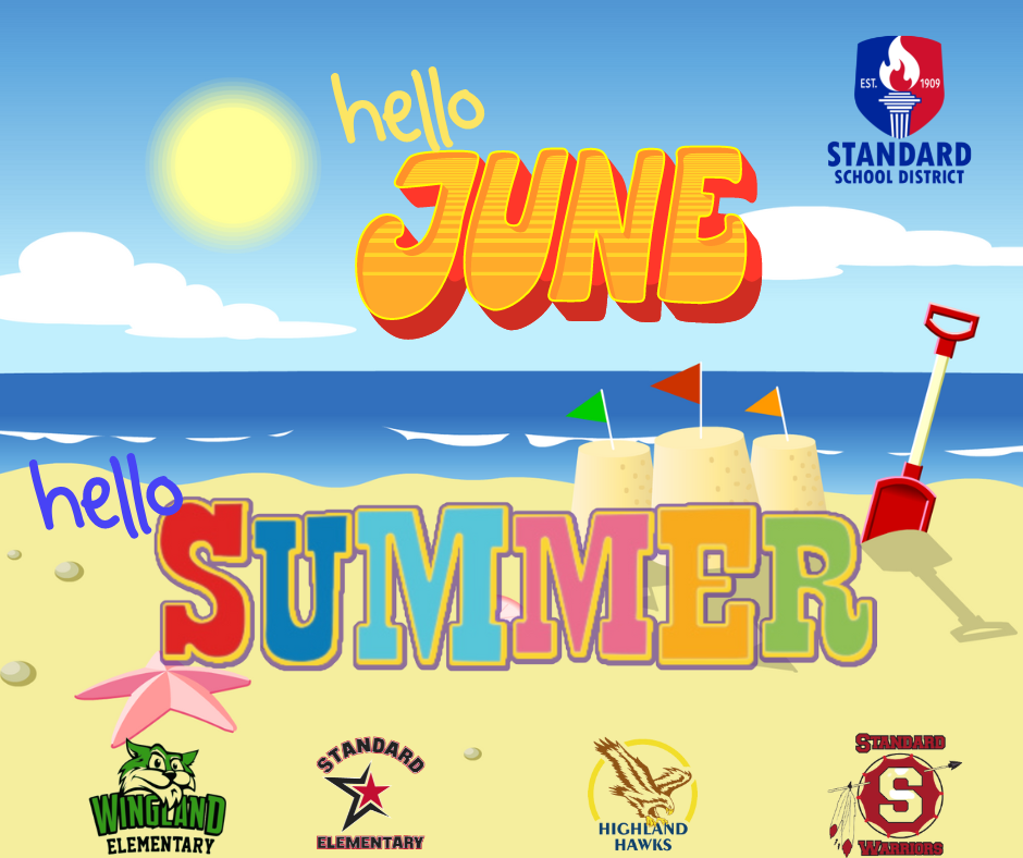 A sandy beach with a sand castle and a sign that reads "Hello Summer" welcomes the warm season.