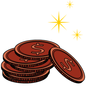A stack of coins with dollar signs, with sparkling stars above.