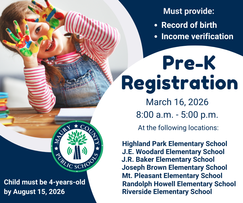 A colorful Pre-K registration flyer features a child with painted hands.