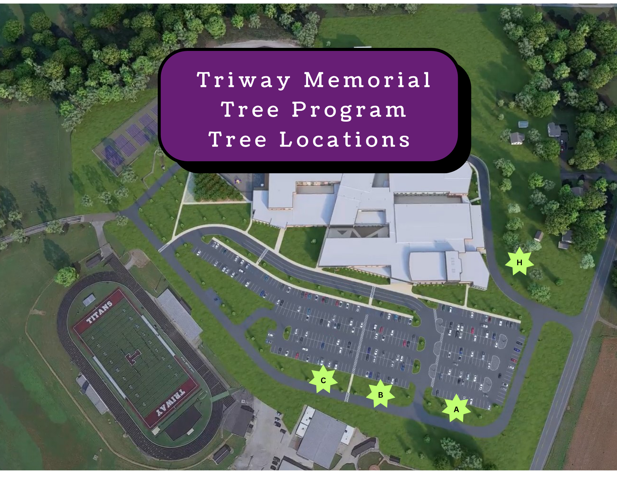 Aerial view of a school campus with a purple banner indicating 'Triway Memorial Tree Program Tree Locations'.