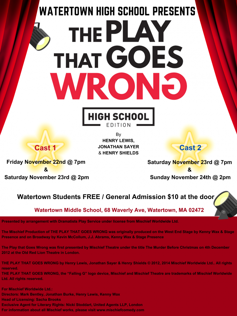 A poster for a high school production of the play "The Play That Goes Wrong" in Watertown, Massachusetts.