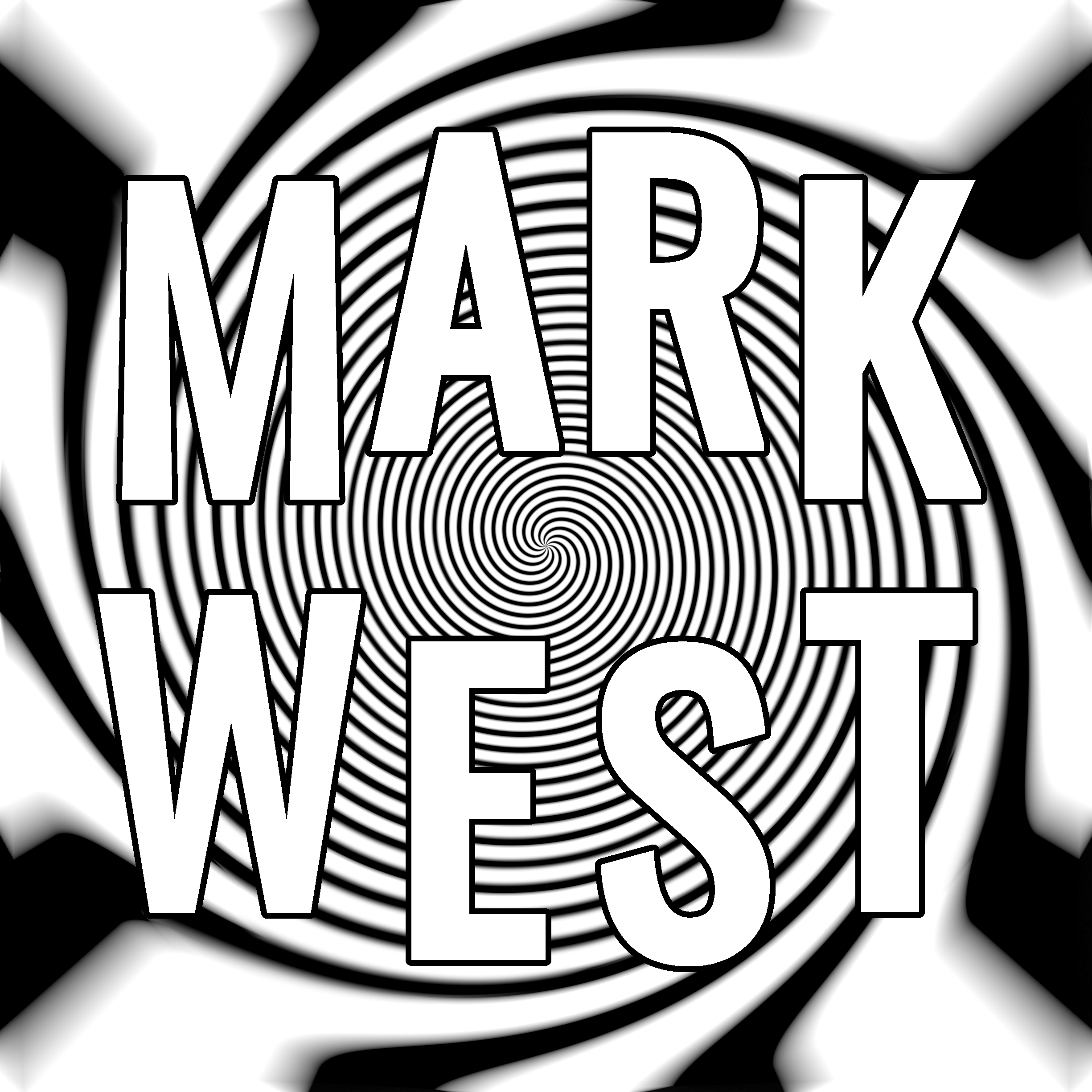The image is a black and white spiral optical illusion with the words "MARK WEST" in the center.