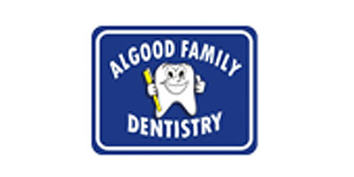 A blue and white logo for Algood Family Dentistry featuring a smiling tooth holding a toothbrush.