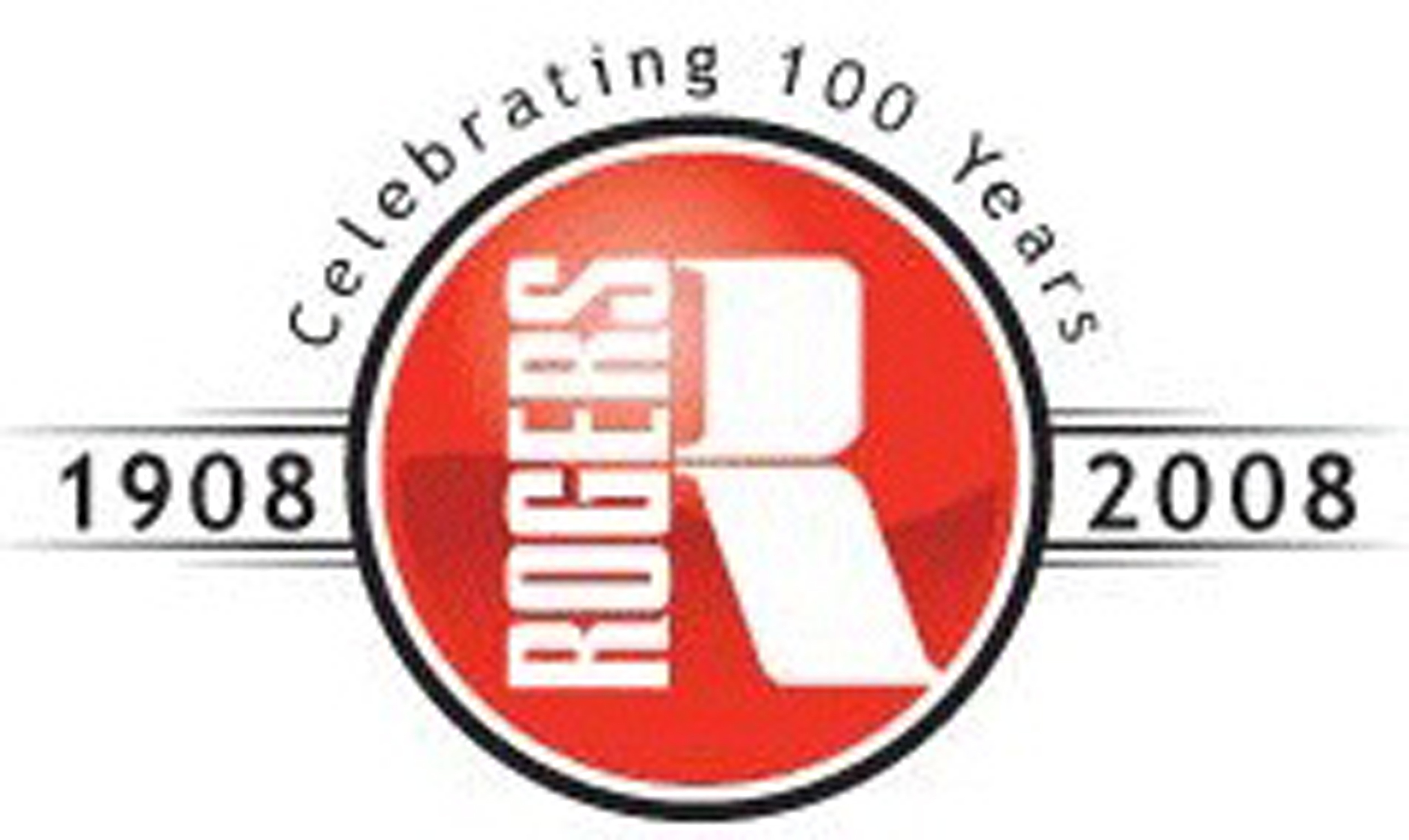 A red circle with a white 'R' inside, surrounded by the text 'Rogers' and 'Celebrating 100 Years' with the years 1908 and 2008 on either side.