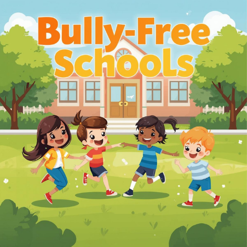 Illustration of children playing in front of a school with the message "Bully-Free Schools."